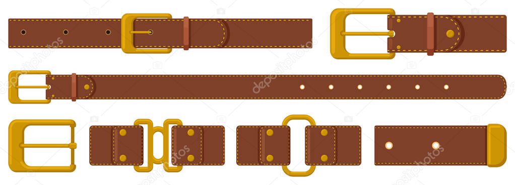 Leather strapping. Brown leather belts with steel buckles and metal fittings. Haberdashery strapping accessories vector illustration set