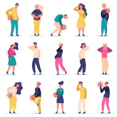 Acı çeken insanlar. Acı çeken erkek ve kadın karakterler, baş ağrısı, mide, omurga ağrısı. Acı dolu alanlar vektör çizimleri