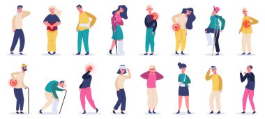 Yaralı insanlar. Acı çeken yetişkin karakterler, yaralanmalar ve ağrılar, çatlaklar ve kafa yaralanmaları. Hasta insanlar vektör illüstrasyonu seti