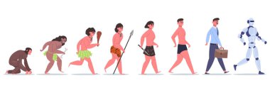 Human evolution. Male character development from monkey to caveman, businessman and AI cyborg. Anthropology evolution vector illustration clipart