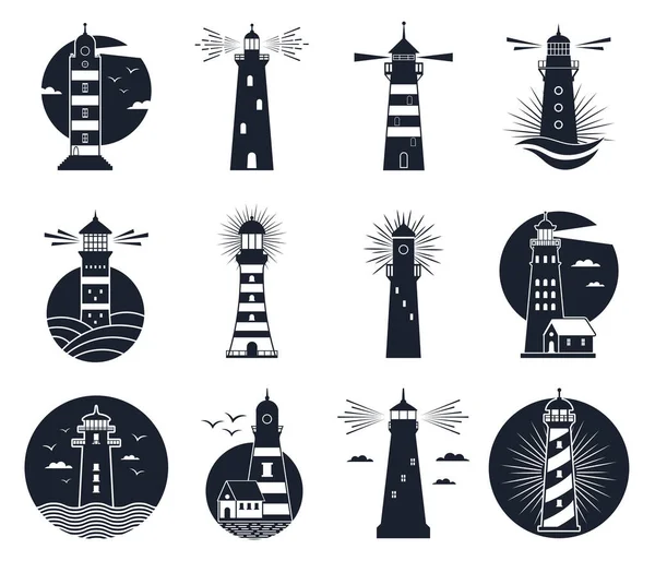 Lighthouse labels. Vintage beacon building emblems, marine navigation lighthouse silhouettes. Beacon towers labels vector illustration set — Stock Vector