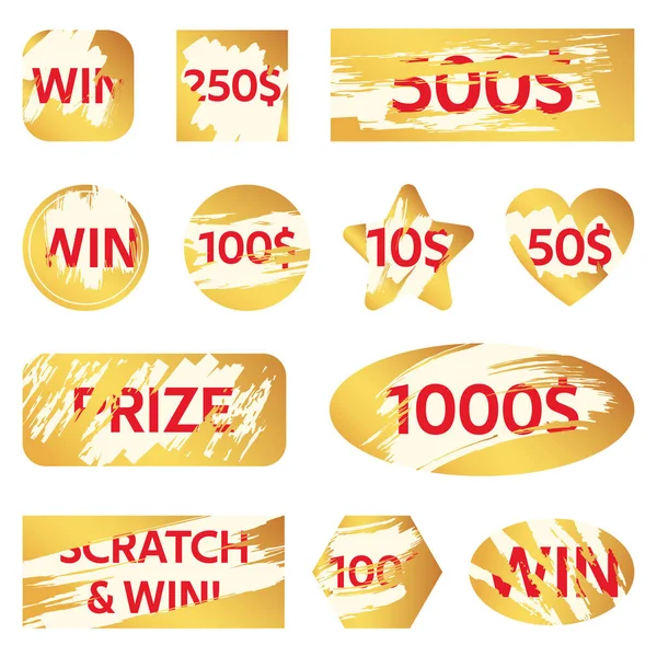 Skraplotteri kort. Lotteri vinna biljett, gyllene skraplotter för lotteri. Vinnande spelkort täcker vektor illustration set — Stock vektor