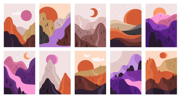 Paisajes abstractos. Montañas y escenas minimalistas del río, paisaje estético contemporáneo. Dibujado a mano vista montaña vector ilustración conjunto — Vector de stock