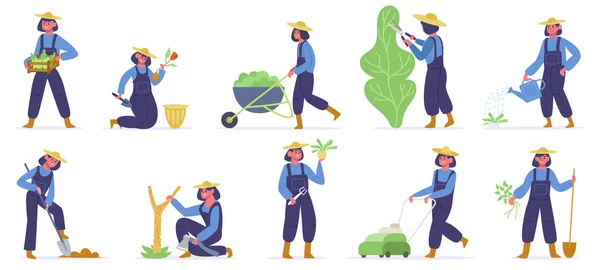 Pracownik ogrodu. Kobieta ogrodnik sadzenie, podlewanie i uprawy kiełków, ogród pracy z narzędziami rolniczymi. Ilustracje wektorów rolnictwa — Wektor stockowy