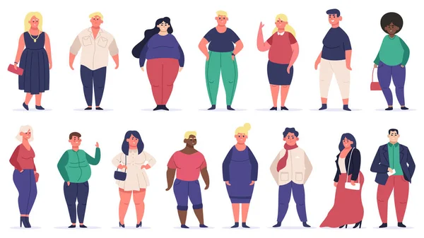 Lichaamspositieve mensen. Plus grootte mannelijke en vrouwelijke multiraciale karakters, aantrekkelijke ronding, overgewicht groep. Beauty diversiteit vector illustraties — Stockvector