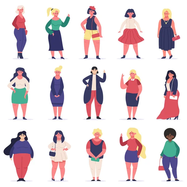 Plus la taille des belles femmes. Multiracial corps positif personnages féminins à la mode, courbes filles en surpoids. Ensemble d'illustrations vectorielles positives pour le corps — Image vectorielle