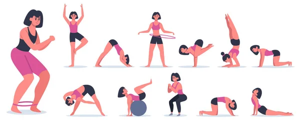 Fitness e ioga. Jovem esportiva fazendo fitness e ioga, treino de pilates e asanas de ioga. Ilustrações de vetor de estilo de vida esportivo saudável —  Vetores de Stock