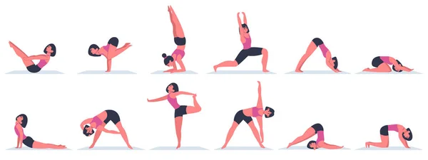 Mulher do ioga. Personagem feminina jovem fazendo asanas de ioga, exercícios físicos para um estilo de vida saudável. Várias posições de ioga ilustrações vetoriais —  Vetores de Stock