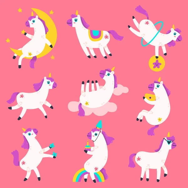 Lindos personajes de unicornio. Doodle unicornios arco iris, cuento de hadas divertido bebé unicornio mascotas. Fantasía mágico pony vector ilustración conjunto — Vector de stock