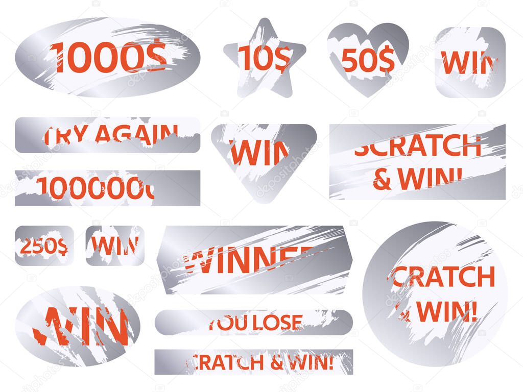 Scratch cards. Lottery silver scratch cards, winning game lottery card covers. Win lottery ticket vector illustration set