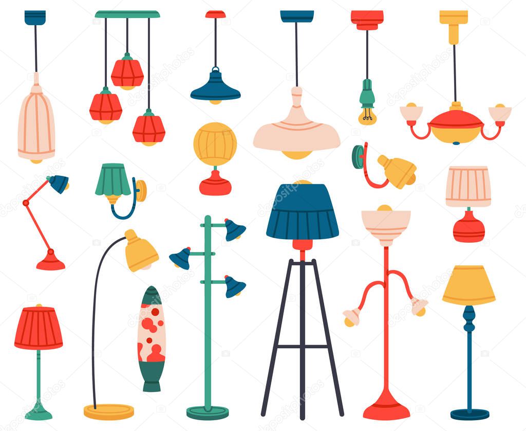 Home light. Interior lamps, ceiling lamps, pendant, reading lamp, spotlight and floor lamp. Indoor lighting vector illustration set