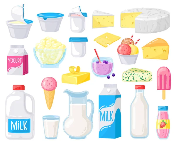 Productos lácteos. Leche de dibujos animados, queso, mantequilla, crema agria, yogur, requesón y helado. Conjunto de ilustración de vector de alimentos lácteos orgánicos — Vector de stock