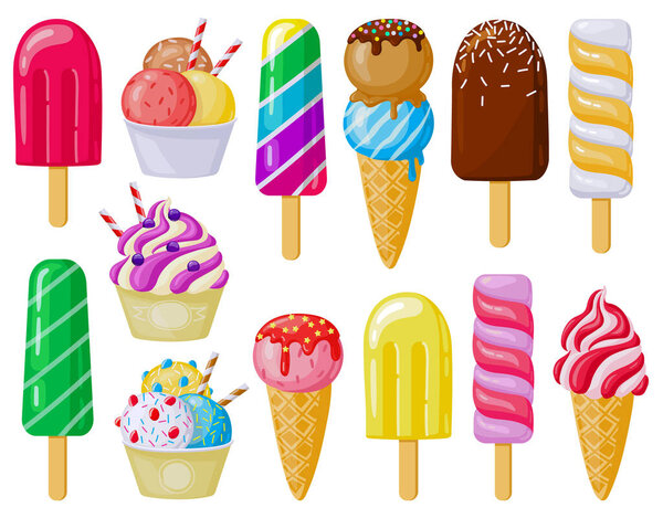 Cartoon ice cream. Delicious ice cream cones, lolly ice, fruit ice and gelato, sundaes tasty summer dessert. Ice cream vector illustration set