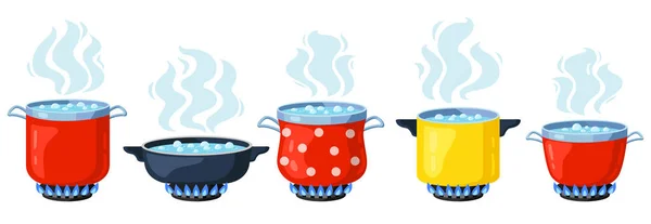 Cucinare pentole da cucina. Cartone animato pentola bollente, zuppa di cottura bollente sul fornello a gas. Set illustrazione vettoriale acqua bollente vapore — Vettoriale Stock