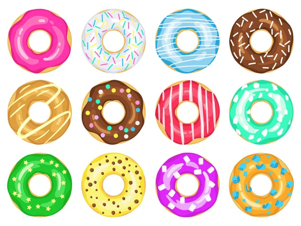 Cartoon donuts. Sweet glaze and sprinkle donuts, chocolate donut with sugar icing. Delicious colorful doughnuts vector illustration set — Stock Vector