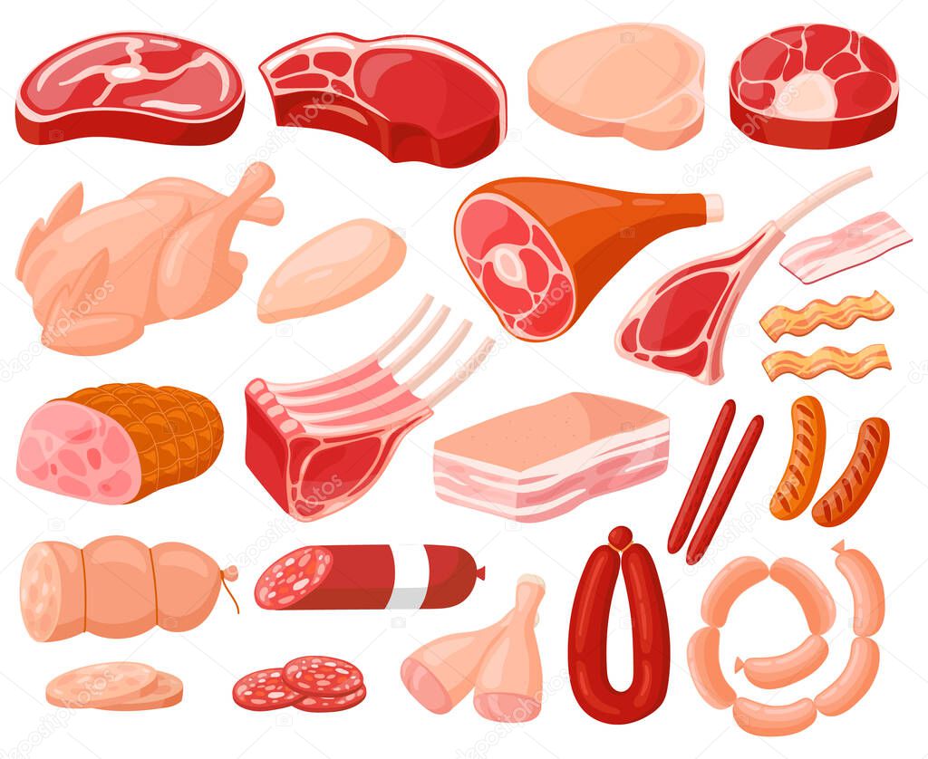 Meat products. Cartoon butchery shop food, chicken, beef steak, pork, prime rib, bacon slice and sausages. Fresh meat food vector illustrations