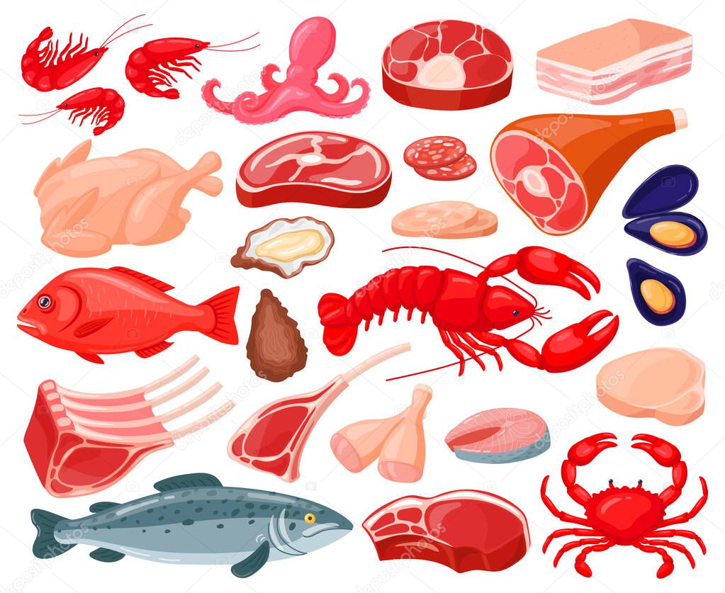 Meat food. Cartoon seafood and butcher shop food, shrimps, salmon, lobster, prime rib, bacon and beef steak. Protein food vector illustration set