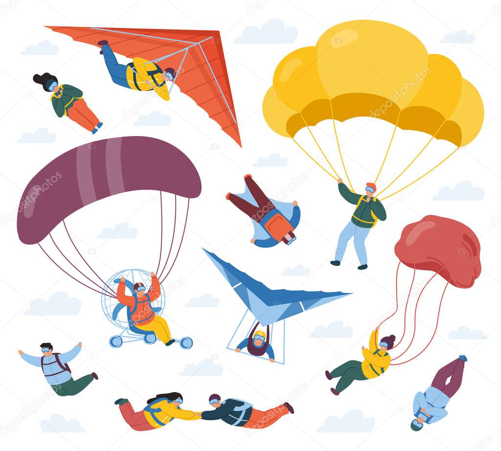 Skydiver sportsmen. Parachute extreme sport, sky jumpers, skydivers and paragliders. Parachute professional skydivers vector set