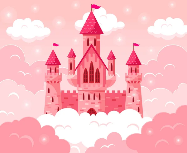 Dibujos animados cuento de hadas castillo rosa. Torre medieval de cuento de hadas mágico, castillo de princesa en nubes de color rosa vector fabulosa ilustración. Majestuoso castillo rosa — Vector de stock