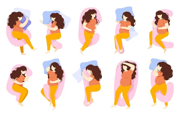 Poses de dormir grávidas. Mulher poses de sono confortáveis, sono da noite saudável grávida. Vários preggo sono pose vetor ilustração conjunto —  Vetores de Stock