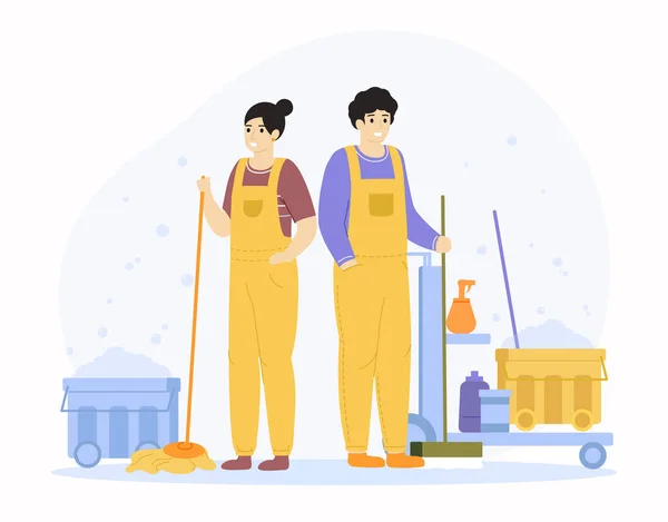Sprzątanie znaków usług. Profesjonalni sprzątacze, sprzątacze domowi. Czystsze firmy mężczyzn i kobiet pracowników wektor ilustracji — Wektor stockowy