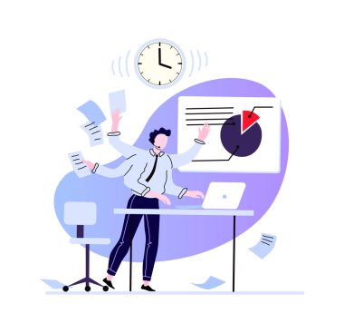 İşadamı iş yerinde birden fazla iş yapıyor. Meşgul ve aşırı yüklenmiş adam