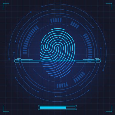 Parmak izi taraması. Biyometrik parmak izleri, güvenlik sistemi parmak izi doğrulaması. Dijital parmak izi tarama vektör çizimi
