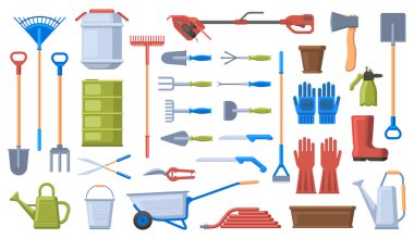 Bahçe aletleri. Bahçe malzemeleri, kürek, tırmık, el arabası, eldiven ve kuru erik. Tarım işleri çalışma araçları vektör illüstrasyon seti