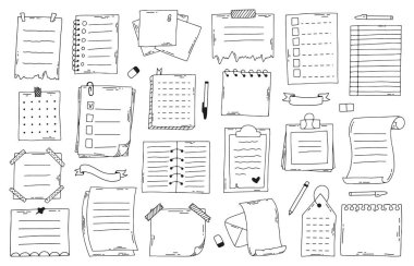 El çizimi kağıt notlar. Çizim defteri, liste, planlayıcı ve günlük, kurşun günlük kağıtları. Doodle notları vektör illüstrasyon seti