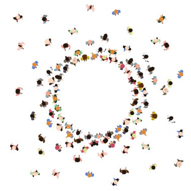 İnsanlar çok kalabalık. Yürüyen erkek ve kadın karakterler, insan topluluğunu topluyor. Sosyal insanlar üst görünüm vektör illüstrasyonunu gruplandırır