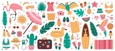 Yaz plajı sembolleri. Tatlı yaz tatili öğeleri, orman yaprakları, içkiler, meyveler ve mayo. Plaj yaz ekipmanları vektör çizimi