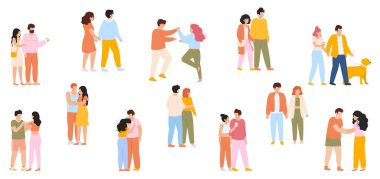 Mutlu yürüyen çiftler. Romantik randevuda tatlı çiftler, birlikte yürüyen genç çiftler. Sevimli çift karakterler vektör çizimi