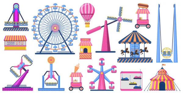 Sevärdheter festpark. Nöjesparksevärdheter, pariserhjul, cirkustält och nöjesparkskarusell. Karneval nöjespark vektor illustration set — Stock vektor