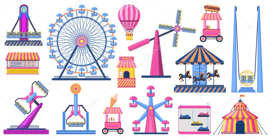 Attractions festive park. Amusement park attractions, ferris wheel, circus tent, and fairground carousel. Carnival entertainment park vector illustration set