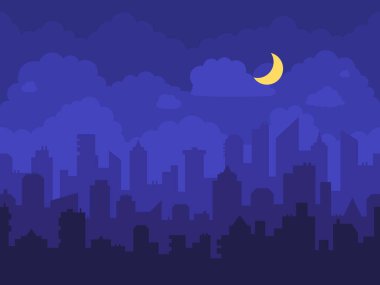 Gece manzarası. Geceleri gökdelenleri, gökdelenleri, bulutları ve ayı olan bir çizgi film şehri.