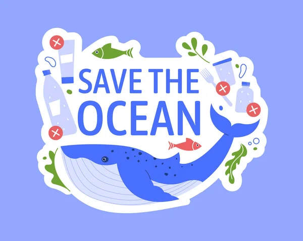 Врятувати океан від пластику, допомоги та підтримки китів — стоковий вектор