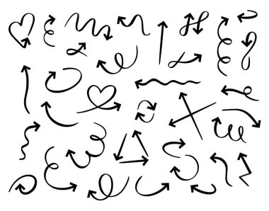 El çizilmiş oklar. El yapımı karalanmış ok elementleri. Taslak yön işaretçisi izole vektör simgeleri