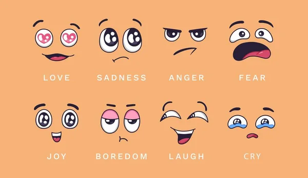 Cartoon emotions. Love, joy and anger, sadness and laughter, boredom and laughter, cry. Funny characters face vector isolated elements
