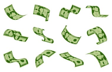 Düşen paralar. Nakit dolar banknotlar yağmur, uçan para faturaları pürüzsüz fon. Yeşil dolar uçan vektör arkaplan illüstrasyon seti.