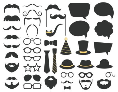 Babalar Günü fotoğraf kabini aksesuarı. Fotoğraf kabini konuşma balonu, bıyıklar, gözlük ve sakal desteği. Mutlu Babalar Günü fotoğraf dekorasyonu vektör illüstrasyonu seti