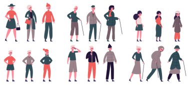 Mevsimlik kıyafetleri olan insanlar. Yetişkin, yaşlı, ergen ve çocuk karakterler çeşitli hava koşulları için giyinmiş. Mevsimlik giysi vektörü çizimi