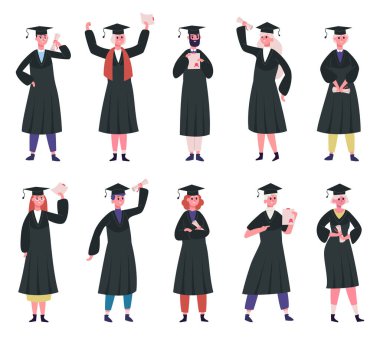 Mezun öğrenciler. Üniversite mezunları geleneksel şapkalar ve akademik bornozlar giyerler. Eğitim sertifikası olan mutlu öğrenciler vektör illüstrasyonu seti