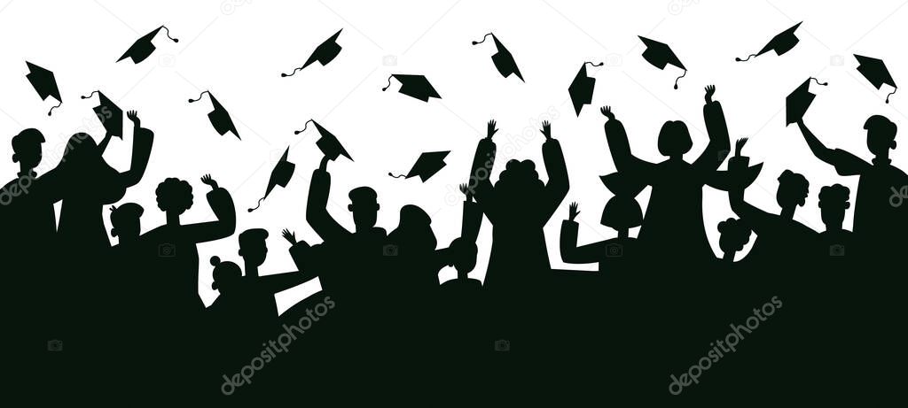 Graduates crowd silhouette. College graduates throwing traditional caps, dancing and jumping vector illustration. Celebrating graduates silhouette.