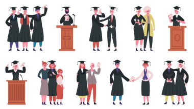 Mutlu lisansüstü öğrenciler. Üniversite mezunları tribünde diploma sertifikası töreninde, arkadaşları ve ailelerinin vektör çizimleriyle kutlama yapıyorlar.