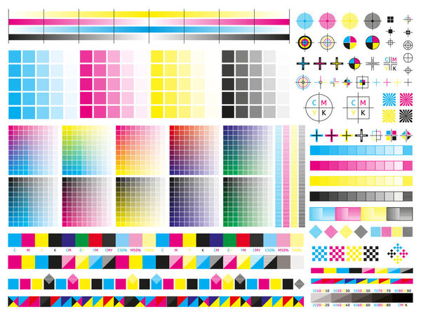 Color cmyk management elements. Offset print registration plates, gradient, cmyk color mixing panel. Printing control marks vector illustration set