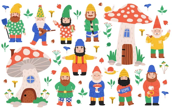 Personagens anões do jardim. Decorações de jardim gnomo, anões com cogumelos, mascotes gnomos. Jardim engraçado conto de fadas criaturas conjunto ilustração vetorial — Vetor de Stock