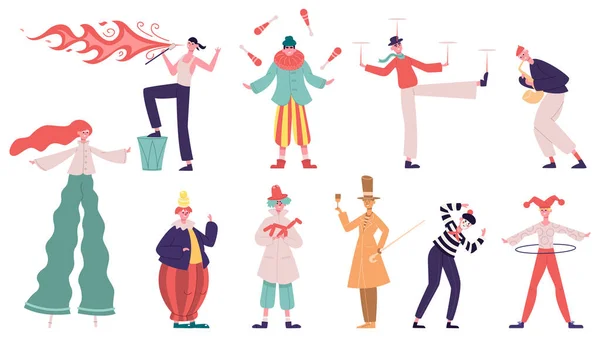 Street performance artists. Festival performing show characters, juggler, fakir and living statue. Artistic street performance vector illustration set — Stock Illustration Street performance artists. Festival performing show characters, juggler, fakir and living statue. Artistic street performance vector illustration set Royalty Free Stock Illustrations