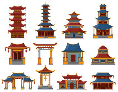 Çin binaları. Mimari Asya tapınakları, saraylar ve pagoda evleri, porselen kültürel nesneler vektör çizimi seti. Geleneksel doğu binaları