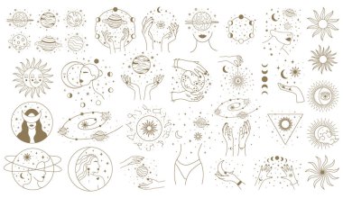 Mistik astroloji elementleri. Sihirli uzay nesneleri, gezegenler, dişi eli olan yıldızlar ve vektör çizimleri. Minimalist kadın kozmik nesneler