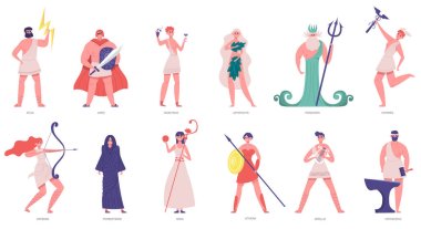Ancient olympic gods. Greek gods and goddesses, zeus, poseidon, athena, dionysus and ares. Olympic gods cartoon characters vector illustration set clipart